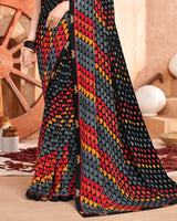 Vishal Prints Black And Red Printed Georgette Saree With Fancy Border