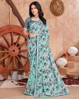 Vishal Prints Light Aqua Green Printed Georgette Saree With Fancy Border