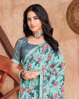 Vishal Prints Light Aqua Green Printed Georgette Saree With Fancy Border