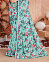 Vishal Prints Light Aqua Green Printed Georgette Saree With Fancy Border