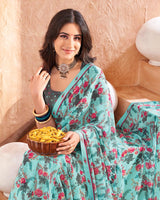 Vishal Prints Light Aqua Green Printed Georgette Saree With Fancy Border
