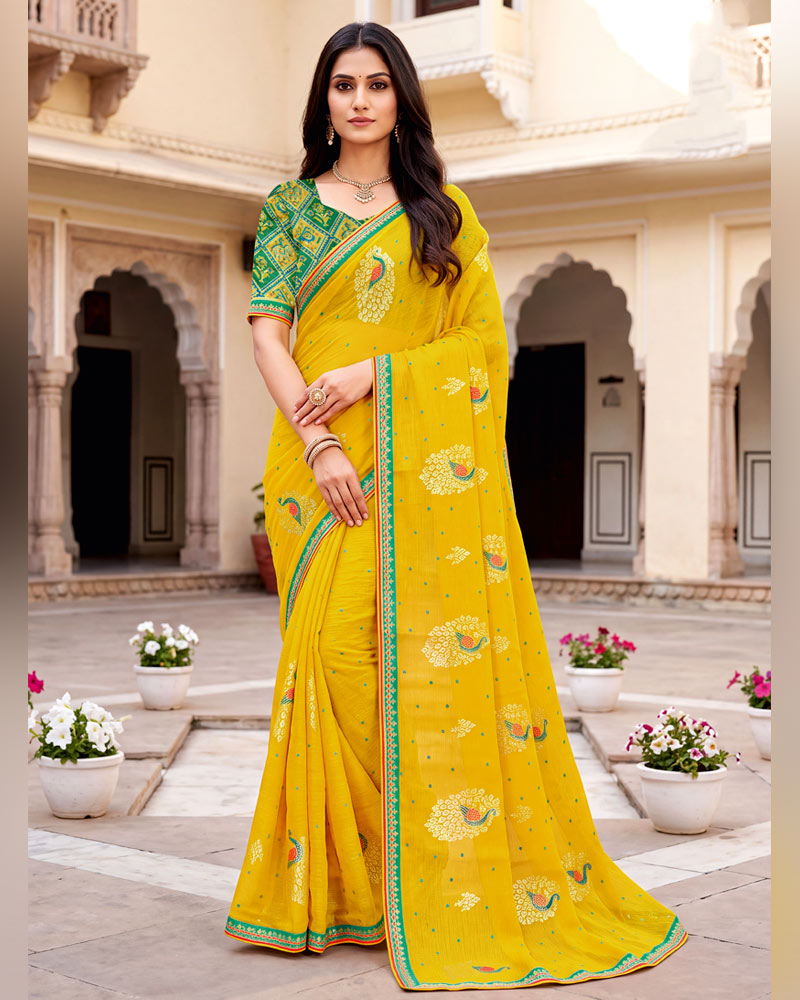 Vishal Prints Golden Yellow Designer Printed Chiffon Saree With Foil Print And Fancy Embroidery Border