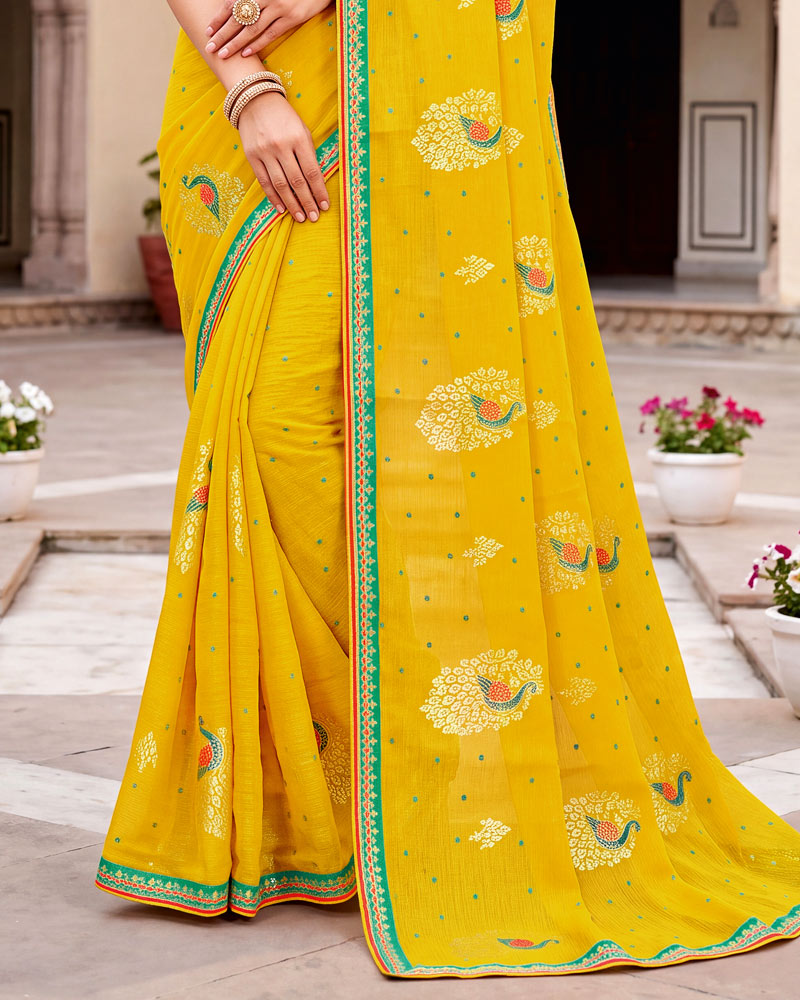 Vishal Prints Golden Yellow Designer Printed Chiffon Saree With Foil Print And Fancy Embroidery Border