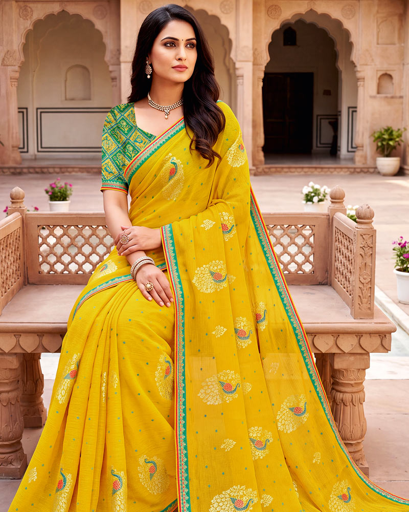 Vishal Prints Golden Yellow Designer Printed Chiffon Saree With Foil Print And Fancy Embroidery Border
