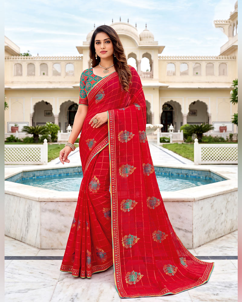 Vishal Prints Lava Red Designer Printed Chiffon Saree With Foil Print And Fancy Embroidery Border
