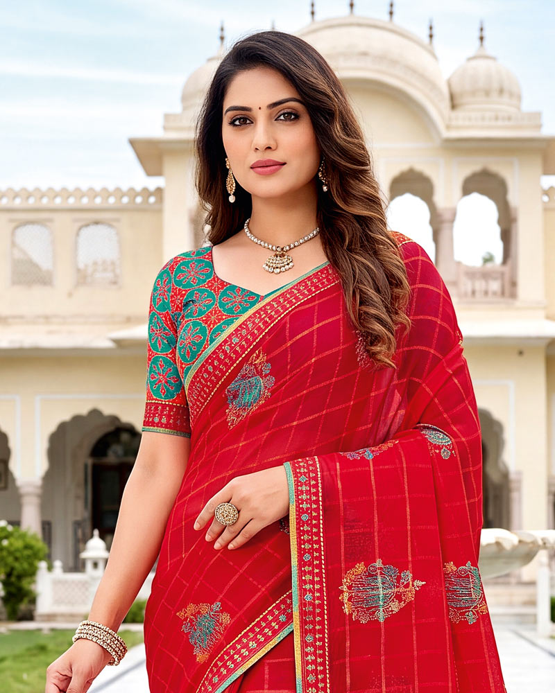 Vishal Prints Lava Red Designer Printed Chiffon Saree With Foil Print And Fancy Embroidery Border
