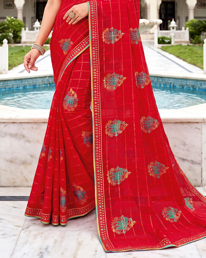 Vishal Prints Lava Red Designer Printed Chiffon Saree With Foil Print And Fancy Embroidery Border
