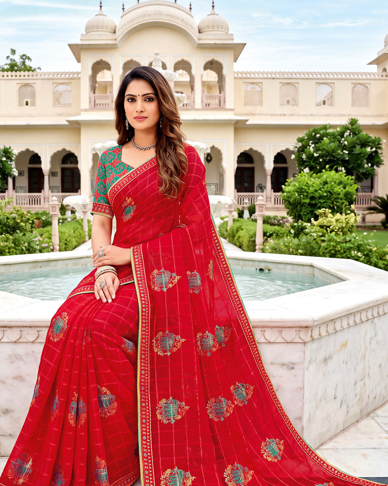 Vishal Prints Lava Red Designer Printed Chiffon Saree With Foil Print And Fancy Embroidery Border