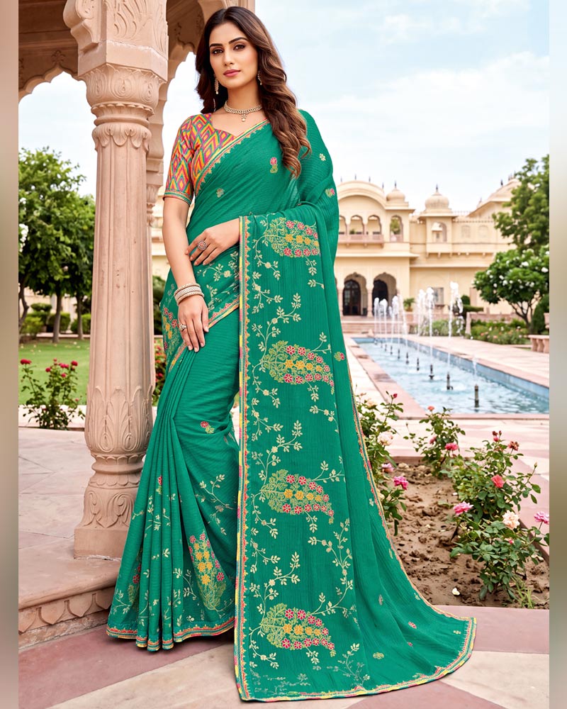 Vishal Prints Pine Green Designer Printed Chiffon Saree With Foil Print And Fancy Embroidery Border