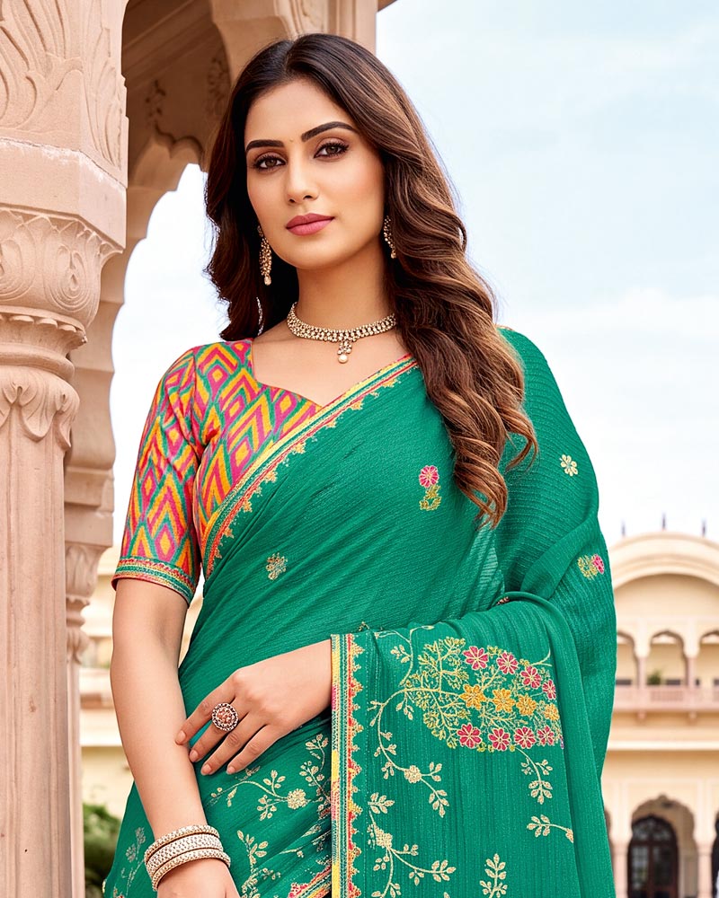 Vishal Prints Pine Green Designer Printed Chiffon Saree With Foil Print And Fancy Embroidery Border