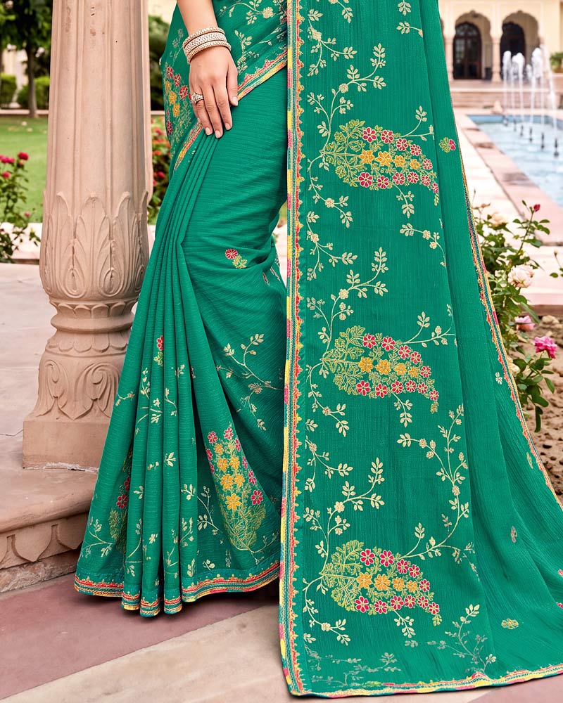 Vishal Prints Pine Green Designer Printed Chiffon Saree With Foil Print And Fancy Embroidery Border