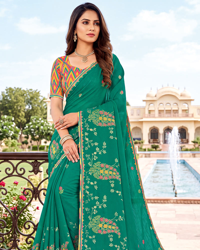 Vishal Prints Pine Green Designer Printed Chiffon Saree With Foil Print And Fancy Embroidery Border