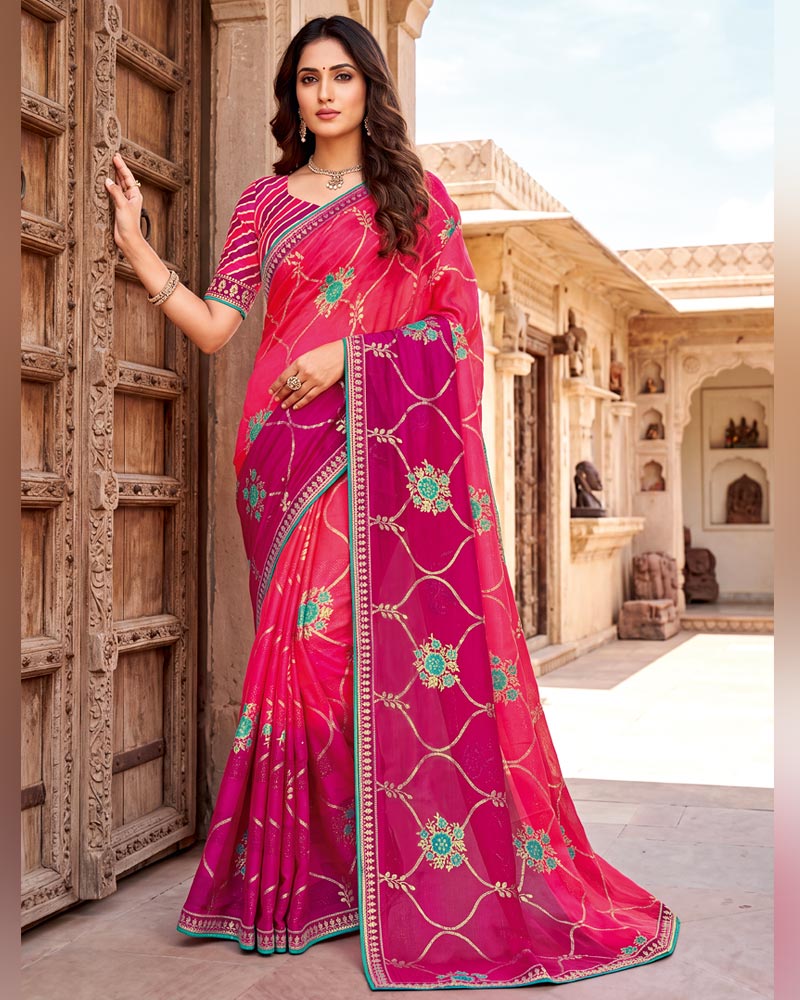Vishal Prints Pinkish Red Designer Printed Chiffon Saree With Foil Print And Fancy Embroidery Border