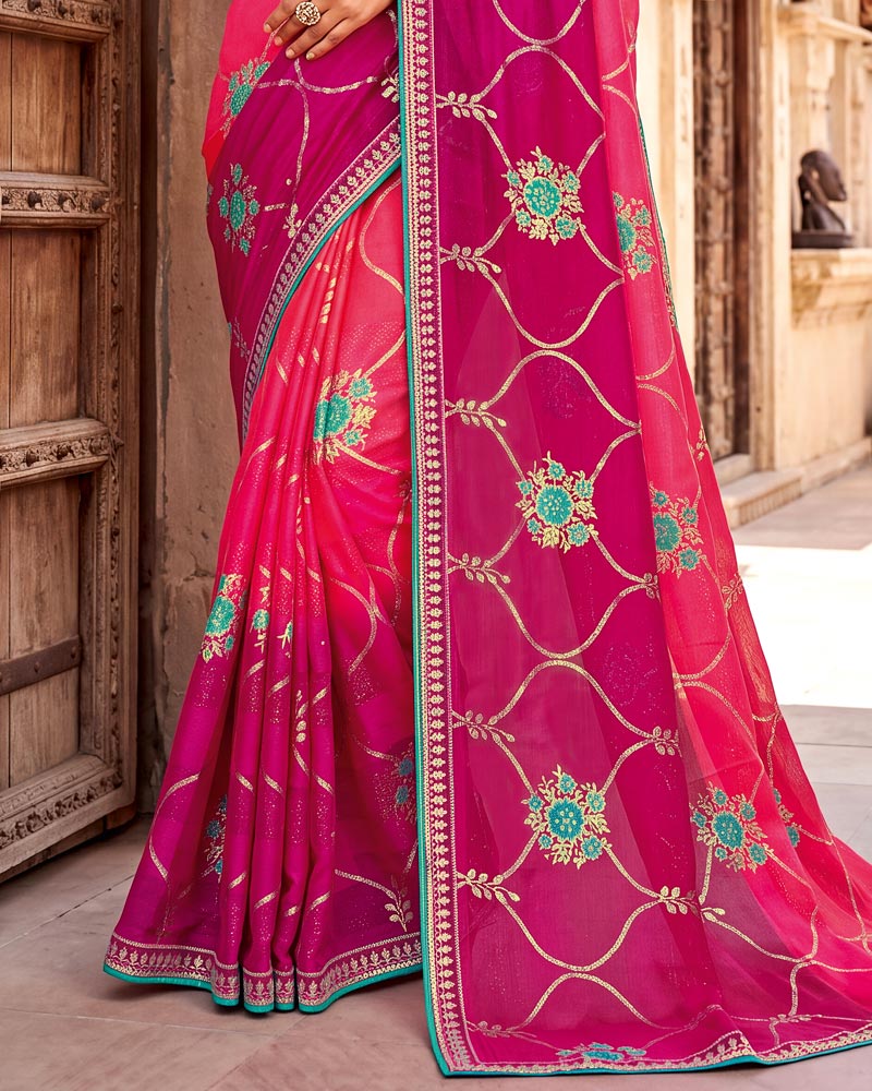 Vishal Prints Pinkish Red Designer Printed Chiffon Saree With Foil Print And Fancy Embroidery Border