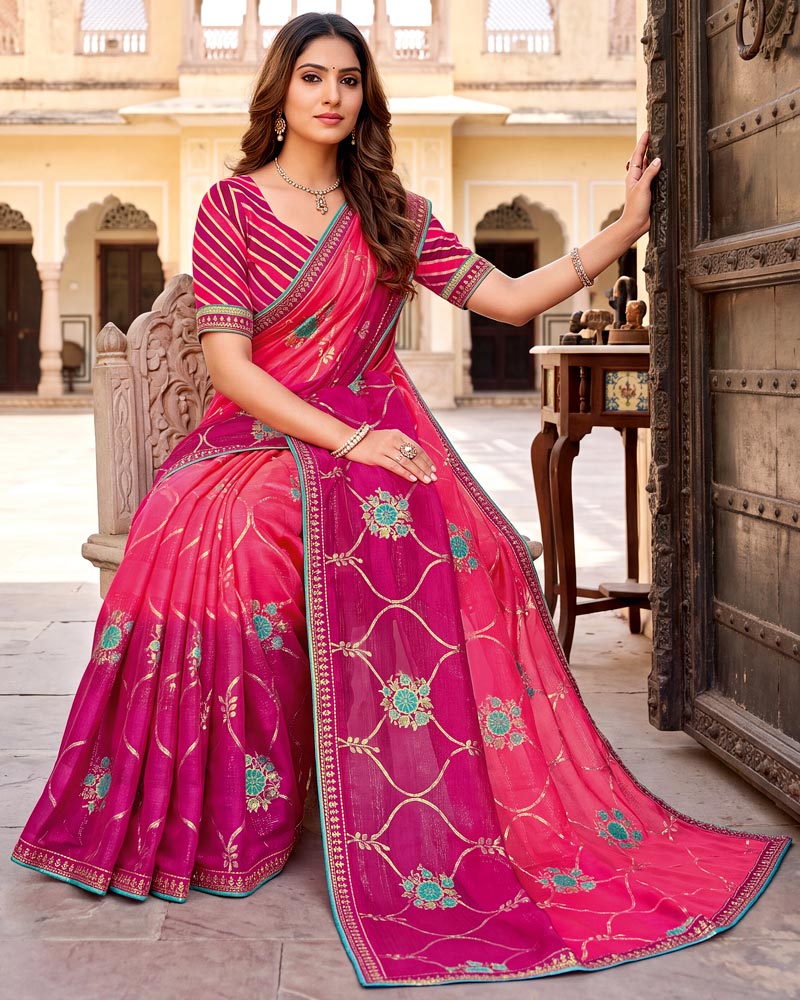 Vishal Prints Pinkish Red Designer Printed Chiffon Saree With Foil Print And Fancy Embroidery Border