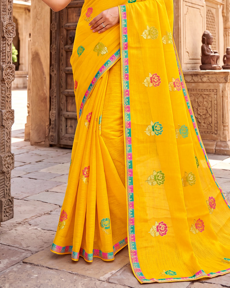 Vishal Prints Golden Yellow Designer Printed Chiffon Saree With Foil Print And Fancy Embroidery Border