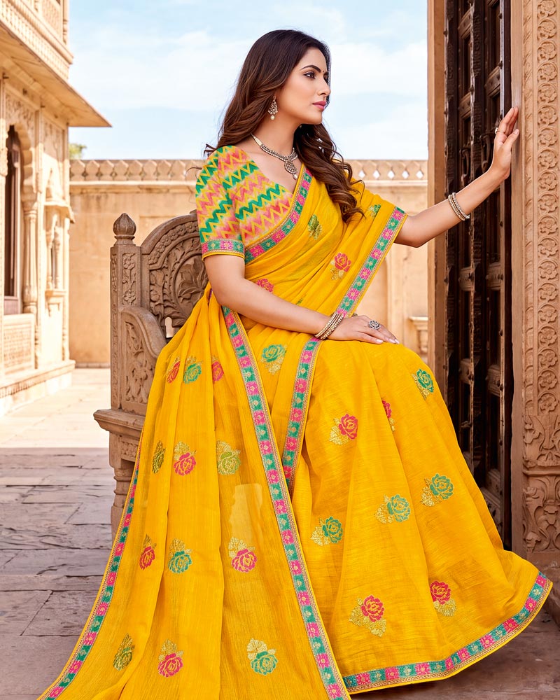 Vishal Prints Golden Yellow Designer Printed Chiffon Saree With Foil Print And Fancy Embroidery Border
