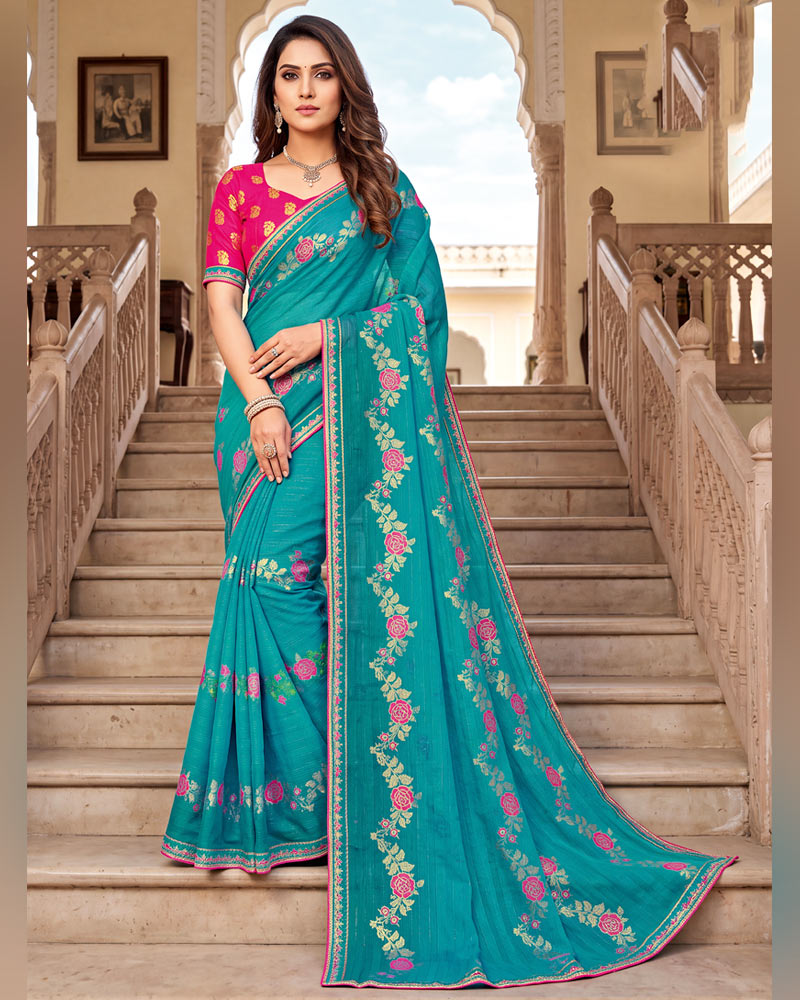 Vishal Prints Pacific Blue Designer Printed Chiffon Saree With Foil Print And Fancy Embroidery Border