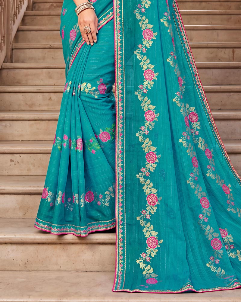 Vishal Prints Pacific Blue Designer Printed Chiffon Saree With Foil Print And Fancy Embroidery Border
