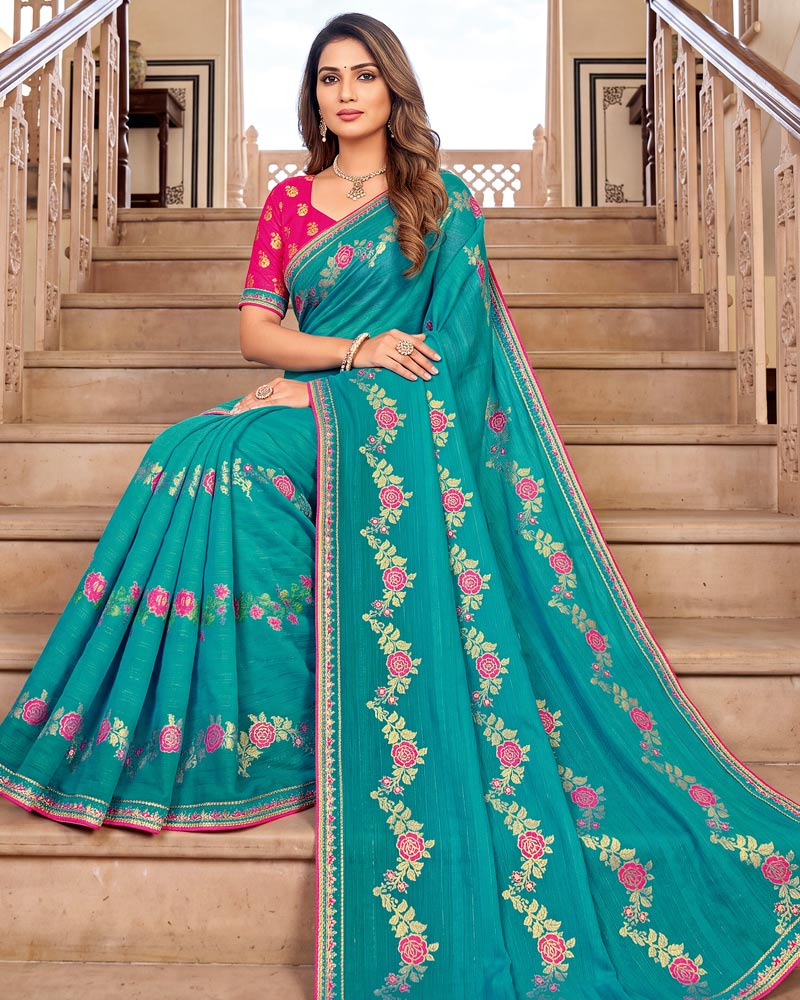 Vishal Prints Pacific Blue Designer Printed Chiffon Saree With Foil Print And Fancy Embroidery Border