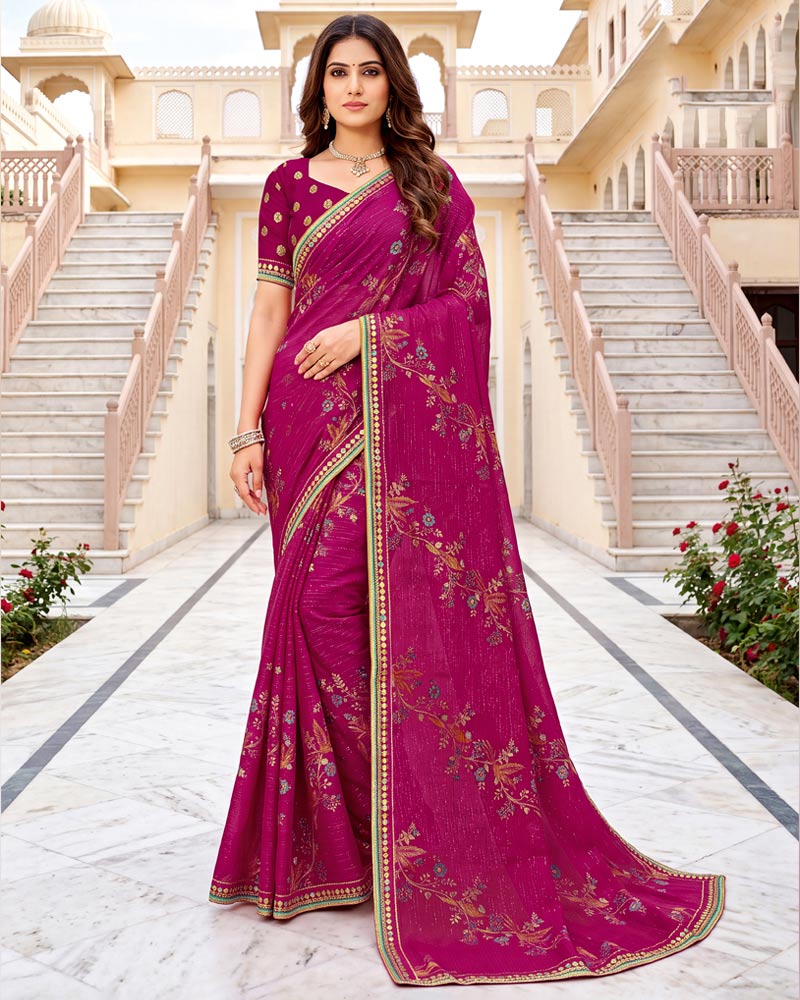 Vishal Prints Purplish Red Designer Printed Chiffon Saree With Foil Print And Fancy Embroidery Border