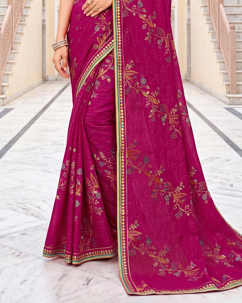 Vishal Prints Purplish Red Designer Printed Chiffon Saree With Foil Print And Fancy Embroidery Border