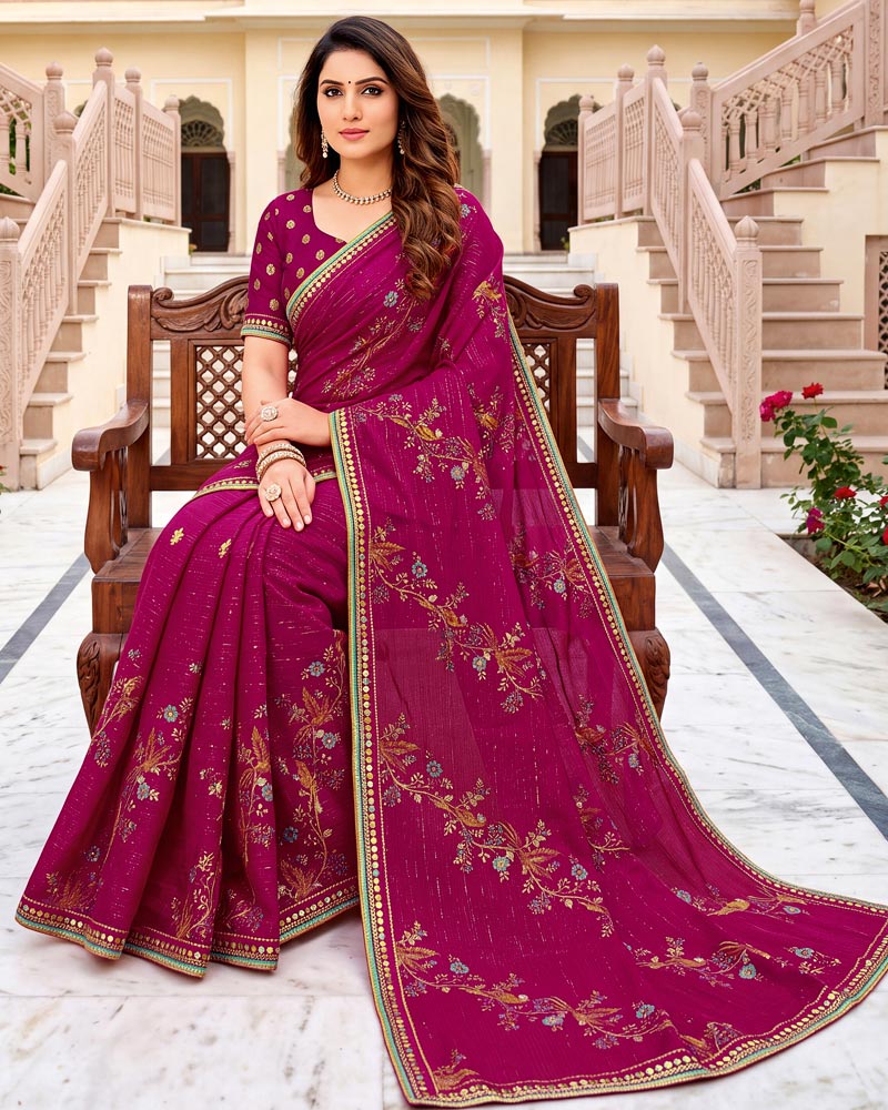 Vishal Prints Purplish Red Designer Printed Chiffon Saree With Foil Print And Fancy Embroidery Border