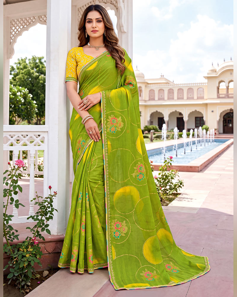 Vishal Prints Olive Green Designer Printed Chiffon Saree With Foil Print And Fancy Embroidery Border