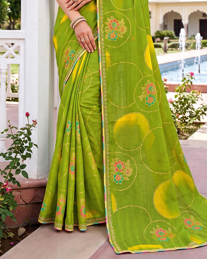 Vishal Prints Olive Green Designer Printed Chiffon Saree With Foil Print And Fancy Embroidery Border