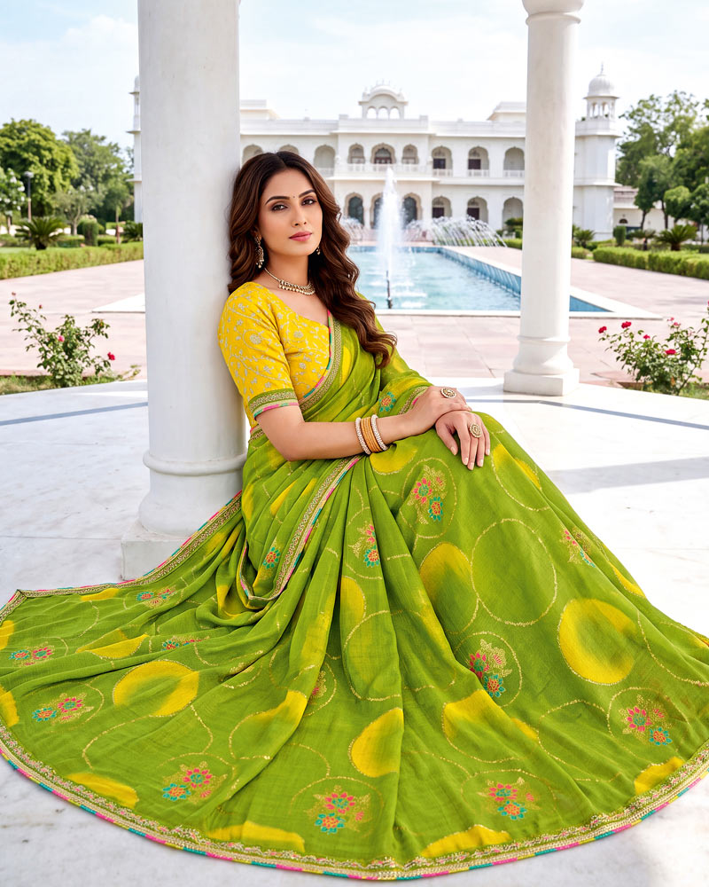 Vishal Prints Olive Green Designer Printed Chiffon Saree With Foil Print And Fancy Embroidery Border