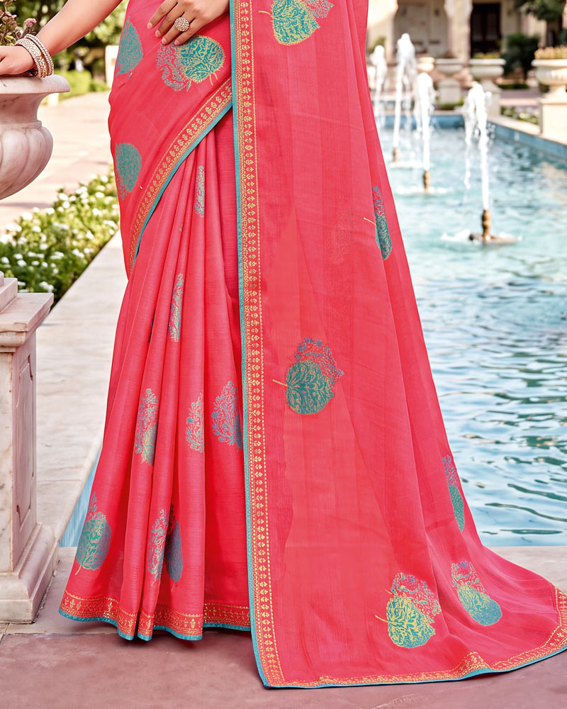 Vishal Prints Watermelon Pink Designer Printed Chiffon Saree With Foil Print And Fancy Embroidery Border
