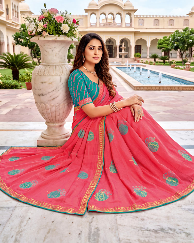 Vishal Prints Watermelon Pink Designer Printed Chiffon Saree With Foil Print And Fancy Embroidery Border