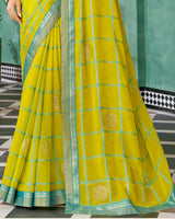 Vishal Prints Lime Yellow Designer Fancy Chiffon Saree With Diamond Work And Fancy Border