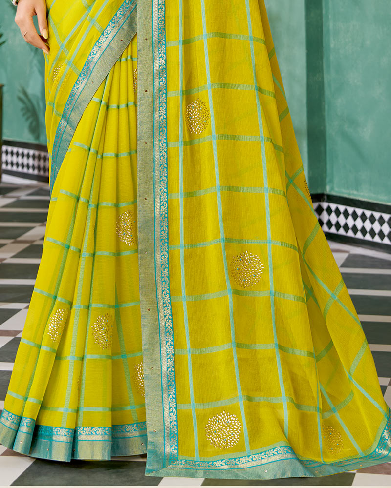 Vishal Prints Lime Yellow Designer Fancy Chiffon Saree With Diamond Work And Fancy Border