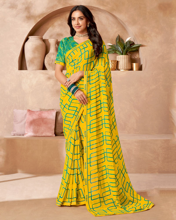 Vishal Prints Lemon Yellow Printed Patterned Georgette Saree With Fancy Border