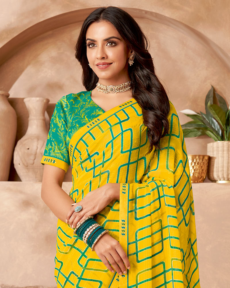 Vishal Prints Lemon Yellow Printed Patterned Georgette Saree With Fancy Border