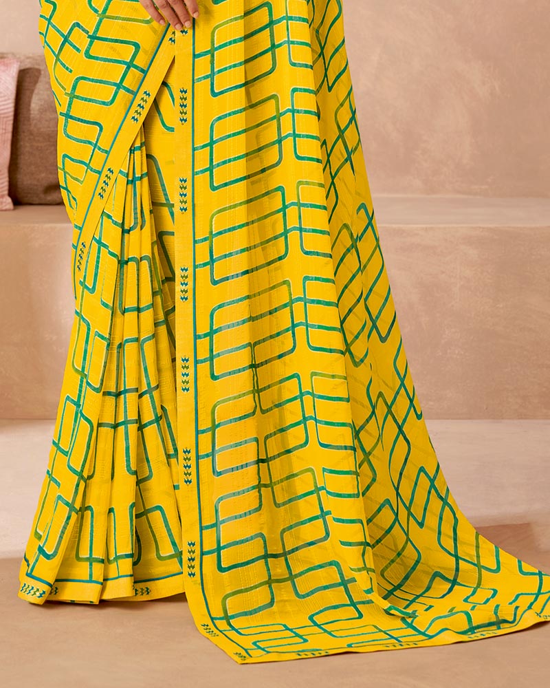 Vishal Prints Lemon Yellow Printed Patterned Georgette Saree With Fancy Border