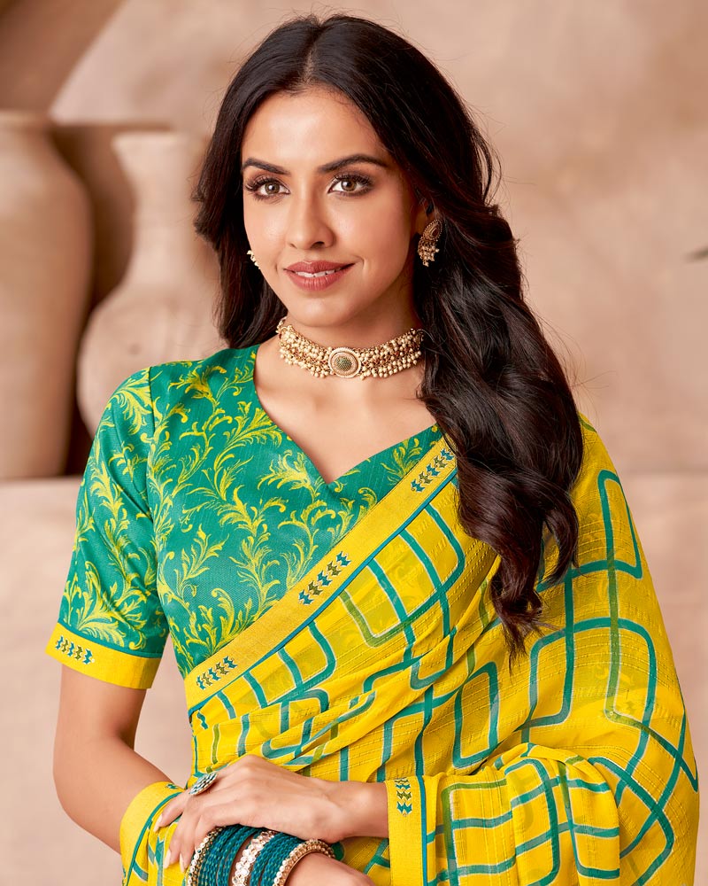 Vishal Prints Lemon Yellow Printed Patterned Georgette Saree With Fancy Border
