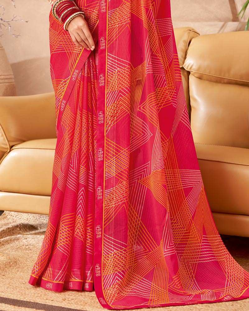 Vishal Prints Strawberry Pink Printed Patterned Georgette Saree With Fancy Border