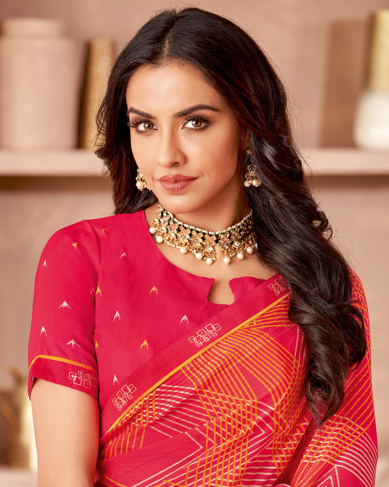 Vishal Prints Strawberry Pink Printed Patterned Georgette Saree With Fancy Border