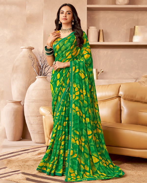 Vishal Prints Green Printed Patterned Georgette Saree With Fancy Border