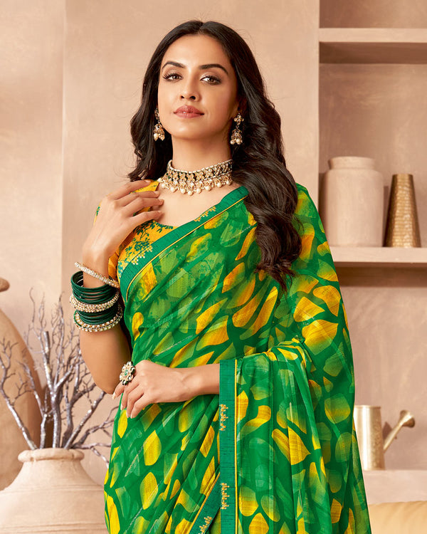 Vishal Prints Green Printed Patterned Georgette Saree With Fancy Border