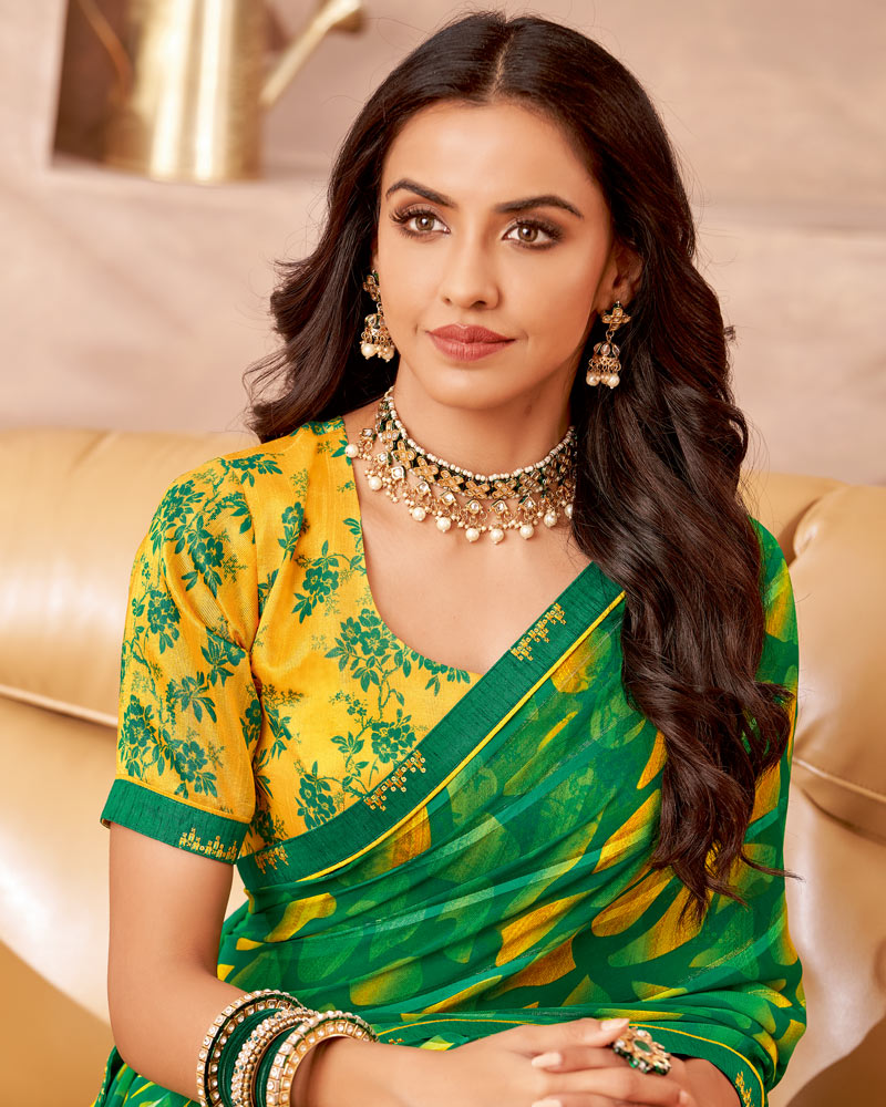 Vishal Prints Green Printed Patterned Georgette Saree With Fancy Border