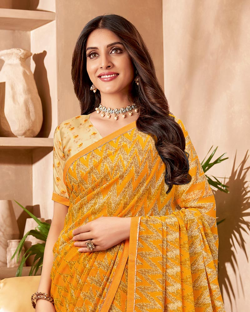 Vishal Prints Light Mango Printed Patterned Georgette Saree With Fancy Border