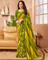 Vishal Prints Mehandi Green Printed Patterned Georgette Saree With Fancy Border