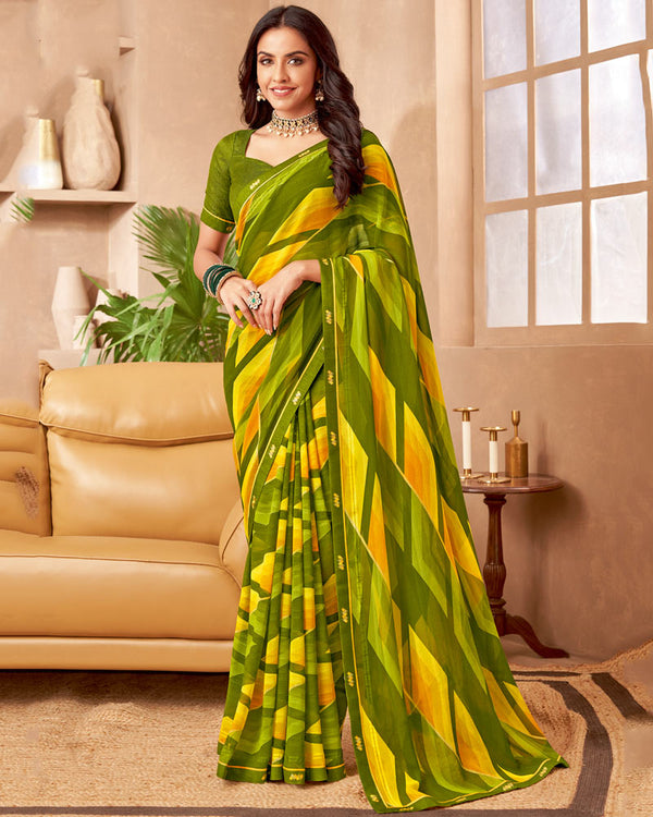 Vishal Prints Mehandi Green Printed Patterned Georgette Saree With Fancy Border