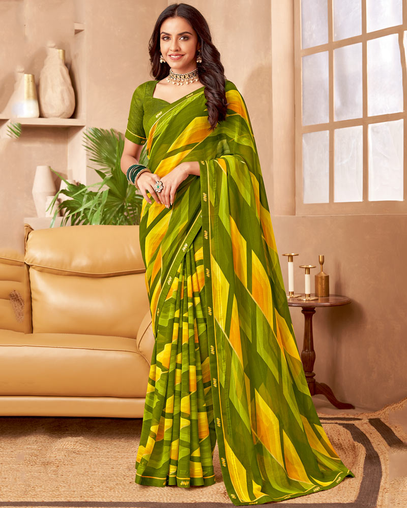 Vishal Prints Mehandi Green Printed Patterned Georgette Saree With Fancy Border