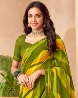 Vishal Prints Mehandi Green Printed Patterned Georgette Saree With Fancy Border
