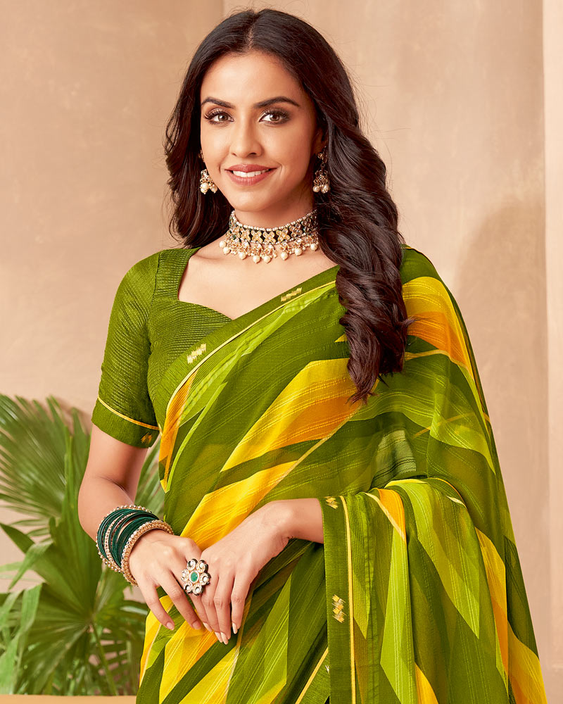 Vishal Prints Mehandi Green Printed Patterned Georgette Saree With Fancy Border