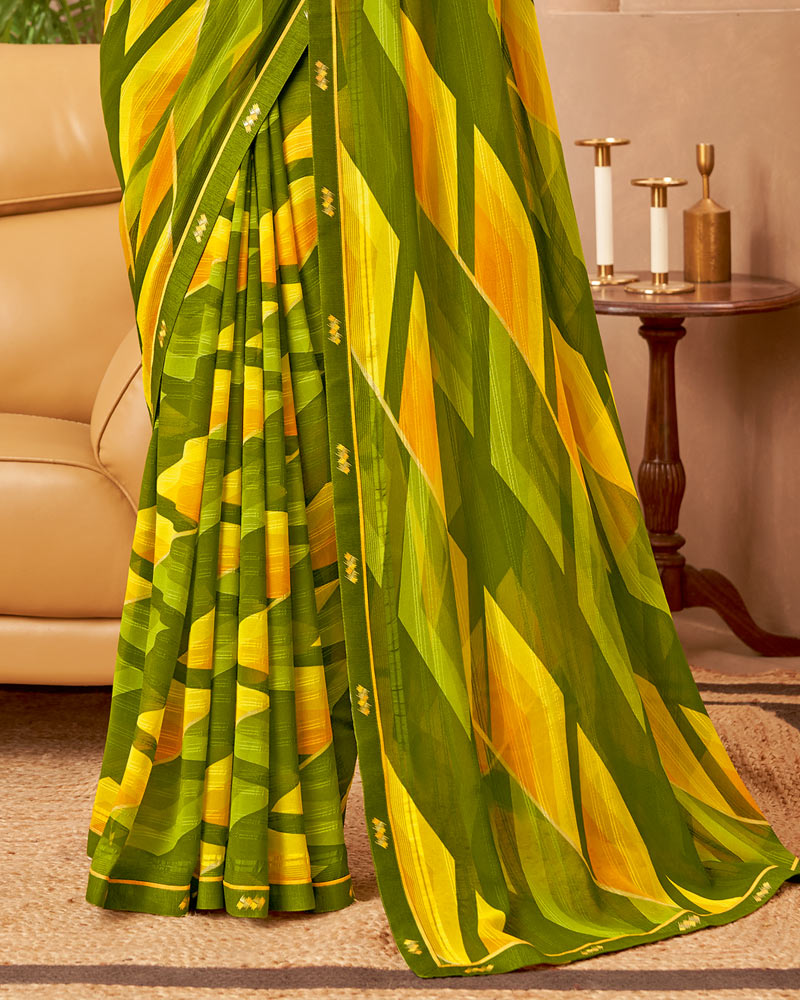 Vishal Prints Mehandi Green Printed Patterned Georgette Saree With Fancy Border